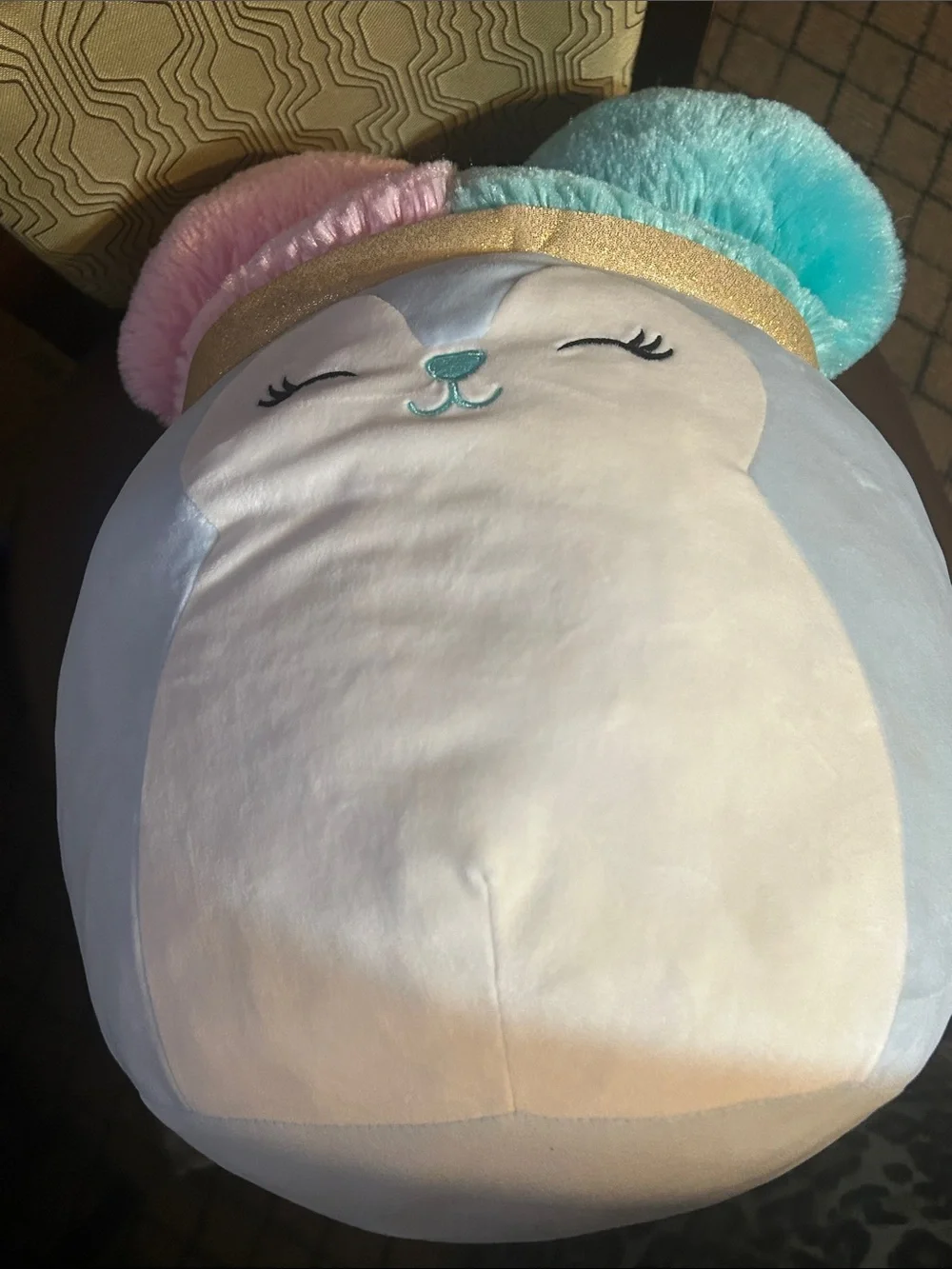 Squishmallows Plush Lyric SquirrPillow with Pink and Teal Pom Poms and Gold Trim